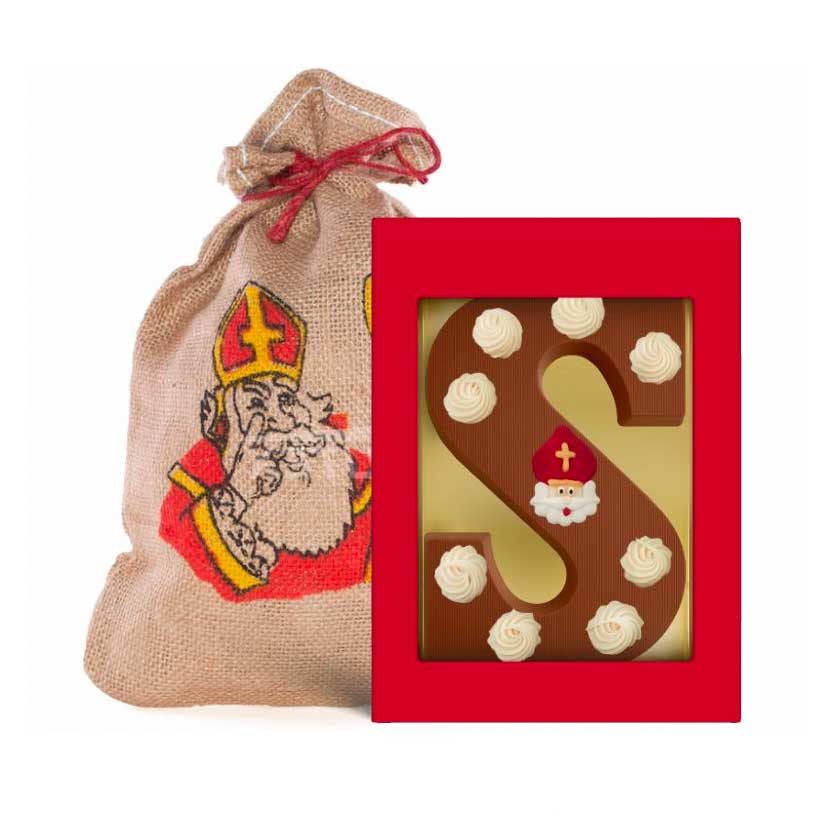 Sinterklaas geschenk personeel jute zak luxe chocoladeletter