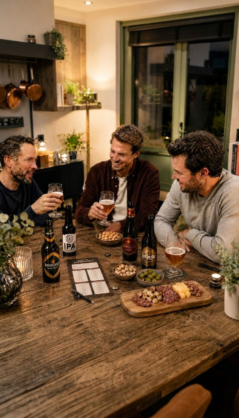 Drie mannen proosten met bier aan tafel met borrelplank en IPA flessen