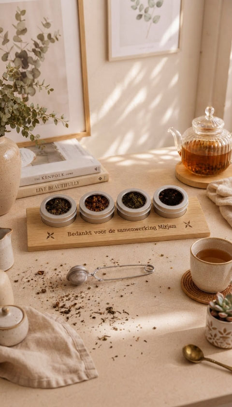 Gepersonaliseerde theeplank met losse thee en glazen theepot op tafel