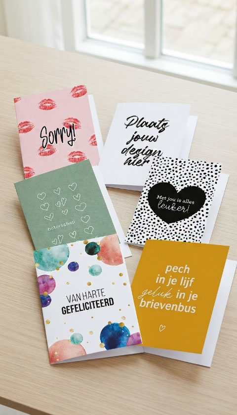 Diverse wenskaarten met teksten als Sorry, Beterschap en Gefeliciteerd